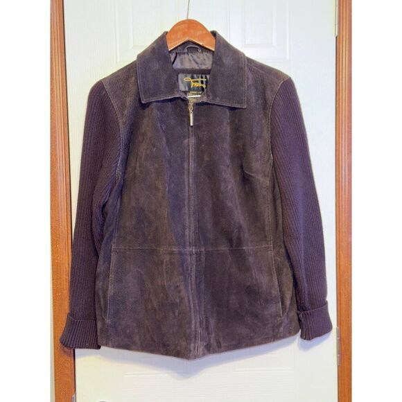 Fabio Vintage 90's Brown Suede Leather Full Zip Jacket With Ribbed Sleeves Sz L - Picture 1 of 14